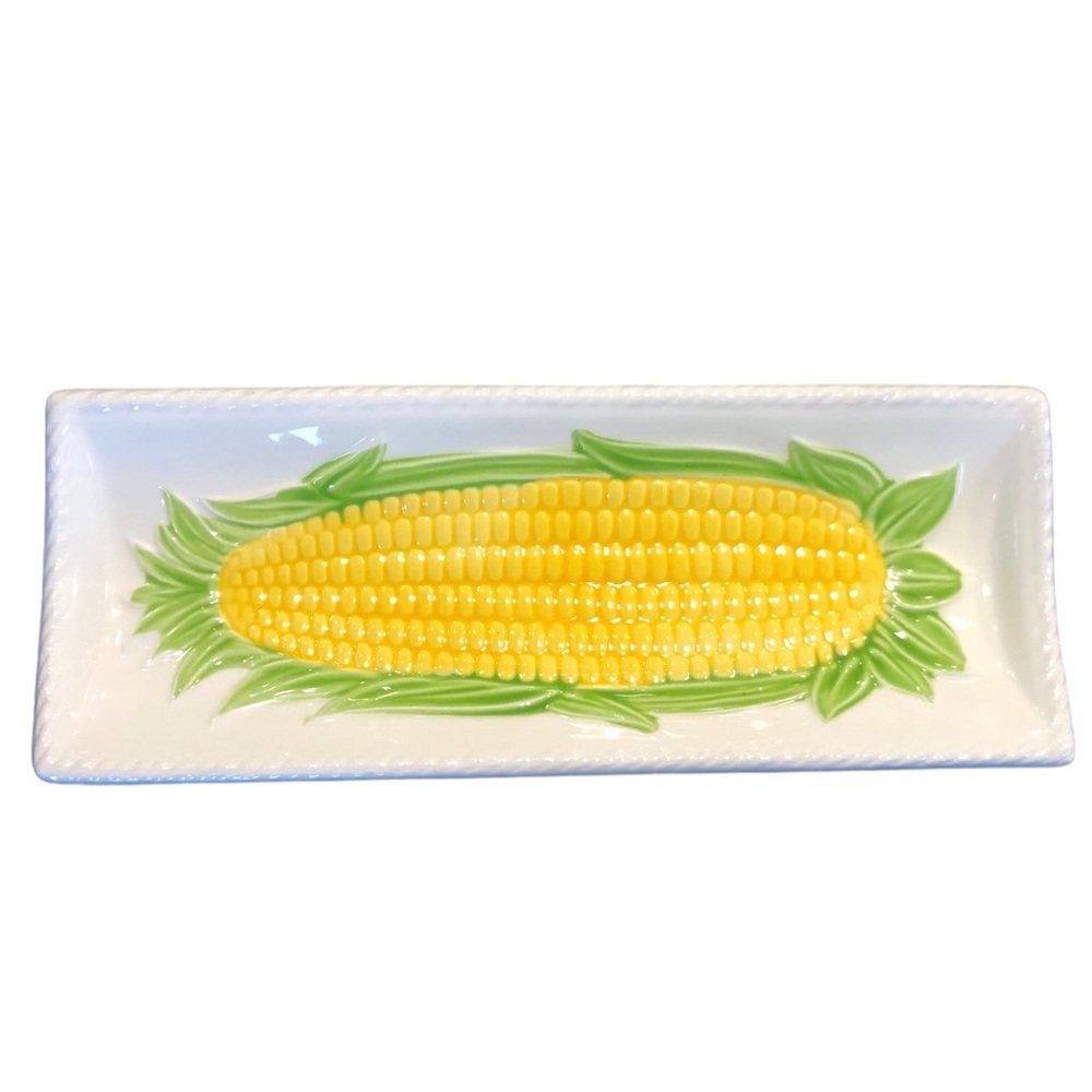 Vtg Ceramic Glazed Corn Cob Maize Holder Butter Tray Dish Plate Japan Serving